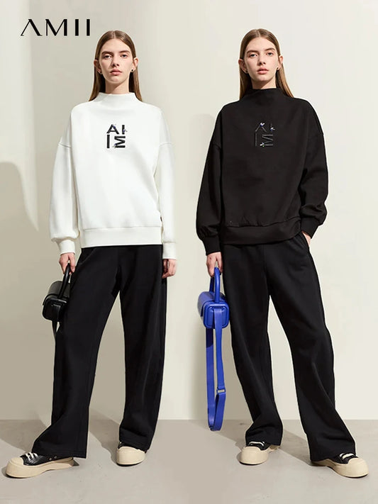 AMII Minimalism Hoodies for Women 2024 Spring New Letter Embroidery Streetwear Sweatshirts Dropped Sleeves Loose Top 12411006
